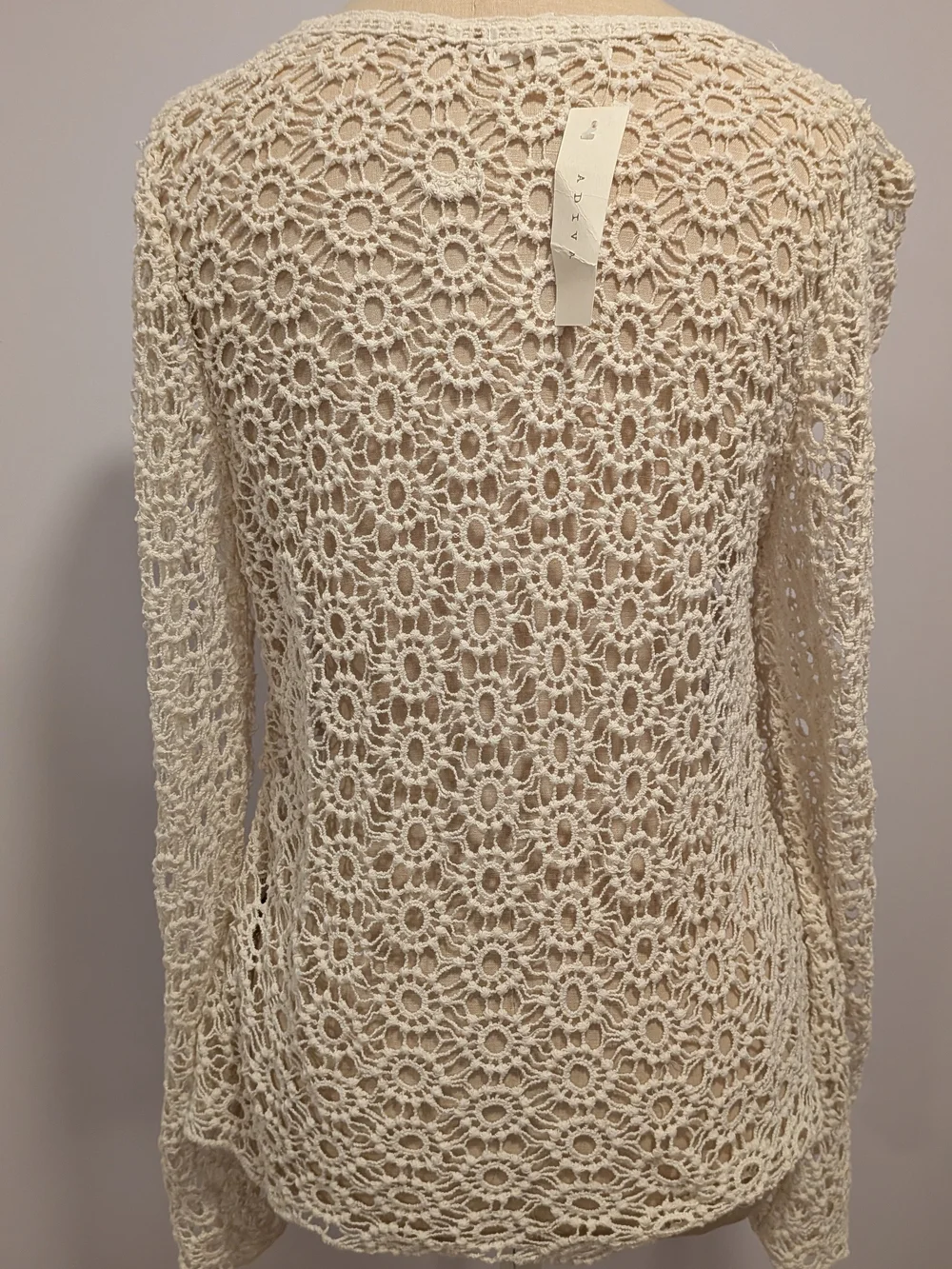 Adiva Crochet Boho Beach Top | Cream Long Sleeve, Granola Cottagecore Vacation - Picture 6 of 6